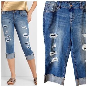 NEW! MAURICES CAPRI Cropped Jeans Distressed Mid Rise Size 14 Blue NWT Womens